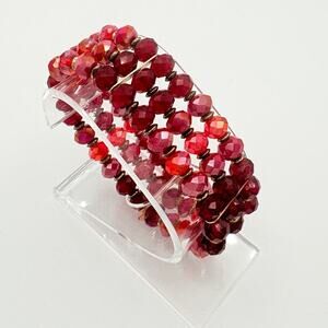 Red & Maroon Faceted Glass Multi‑Strand Stretch Bracelet with Brass Spacers